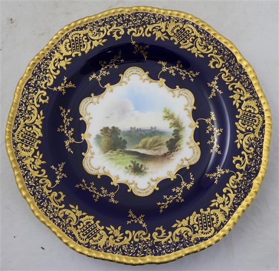 A Coalport named view plate and a pair of matching dessert dishes, c.1900, 26.5cm and 28cm